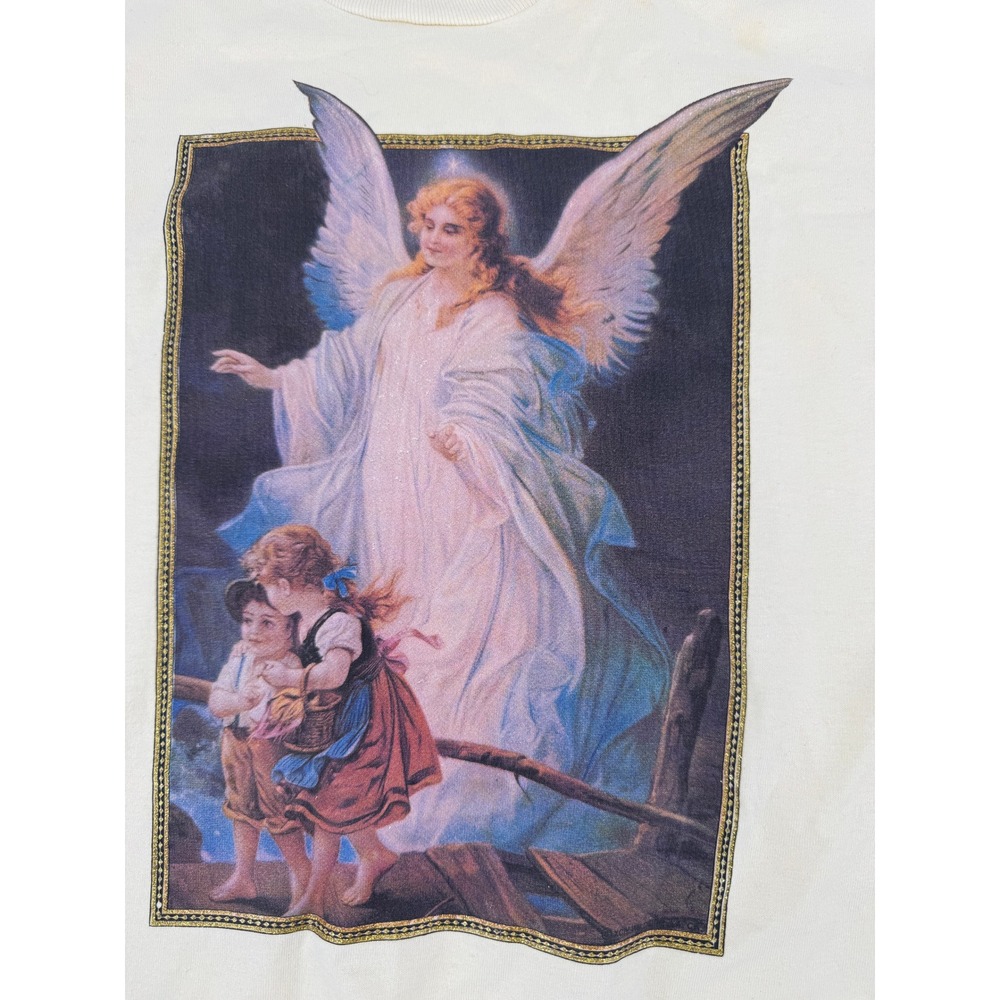 Vintage Fruit of the Loom T-Shirt Mens XL Cream Guardian Angel Graphic 90s USA